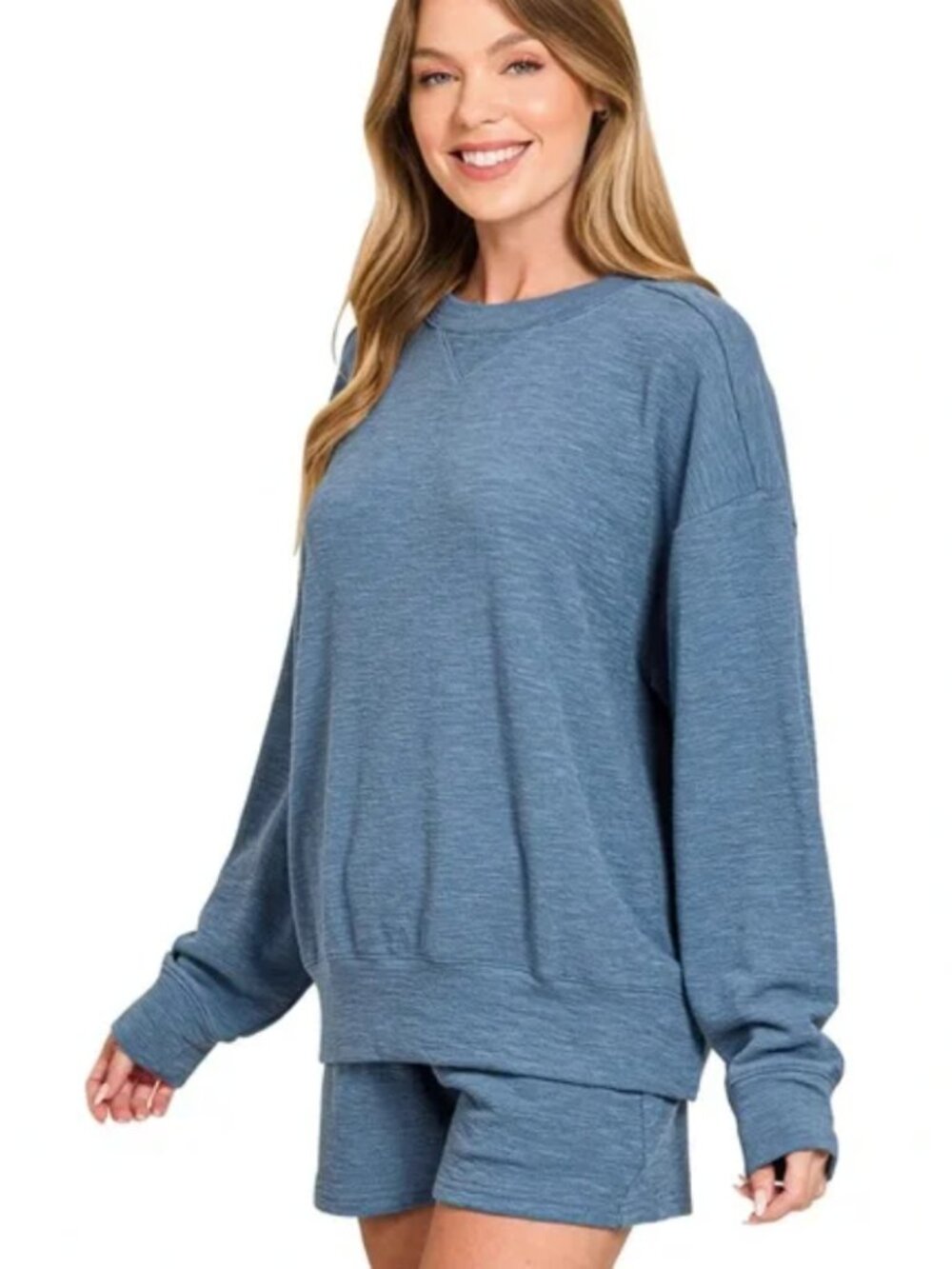 Zenana Slub Knit Pullover Lounge Shorts Set Dusty Blue Matching Set NEW Size M